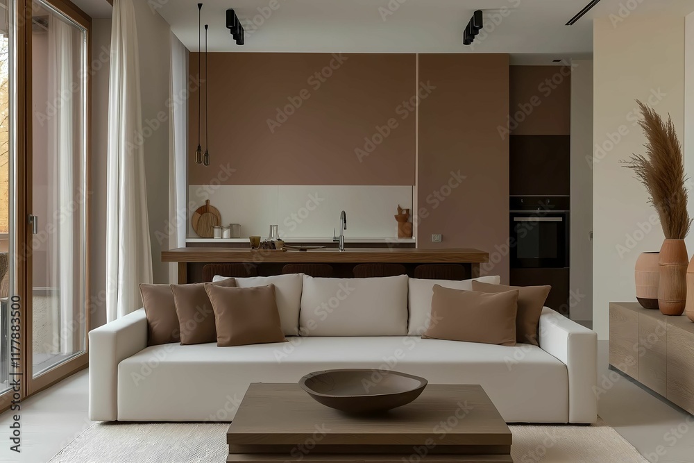 Fototapeta premium Contemporary living room featuring a sofa in the popular mocha mousse shade. Minimalistic yet inviting. Large windows provide an open feel. 