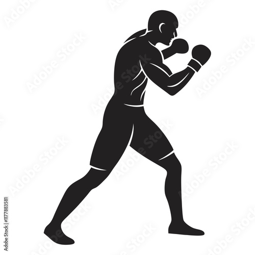 Vector silhouette of a boxer in a fighting stance, mid-action,  