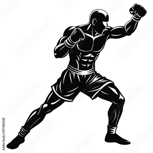 Vector silhouette of a boxer in a fighting stance, mid-action,  