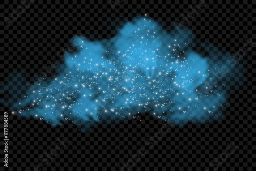 Fantastic smoke background. Magic smoke with glitter and small particles of twinkling stars, fog with luminous particles, blue vapor with stardust. Vector illustration.