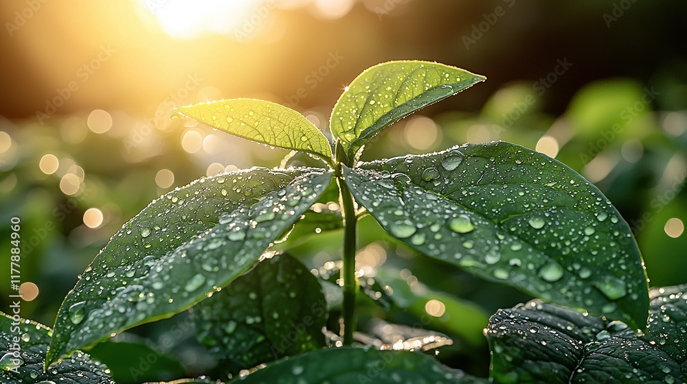 Dewy seedling in sunlit field, blurred background, agricultural use. Dewy seedling in sunlit field, blurred background, agricultural use.