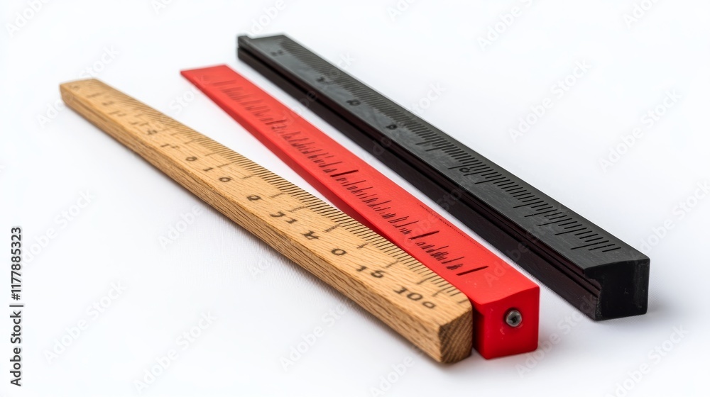 Set of rulers for measuring. Wooden, red plastic and black ruler silhouette. Collection of different measuring items. Design isolated on white background. flat vector illustration Set of rulers for measuring. Wooden, red plastic and black ruler silhouette. Collection of different measuring items. Design isolated on white background. flat vector illustration