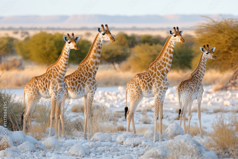 Fototapeta premium Stunning sunset over Namibian wilderness with giraffes and springboks grazing in Etosha National Park