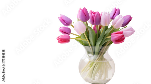 Pink and violet tulips bouquet in vase on transparent background PNG.
