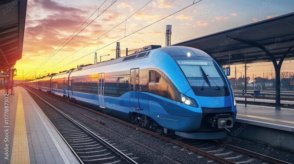 Naklejka premium Modern highspeed train arriving at railway station at sunset, reflecting warm colors of the sky, creating a picturesque scene of transportation and travel