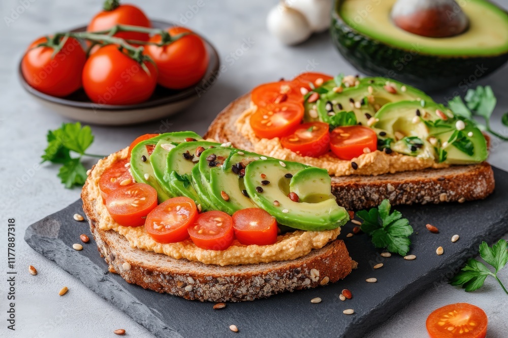 Delicious avocado and tomato sandwich on whole grain bread with hummus and seeds Delicious avocado and tomato sandwich on whole grain bread with hummus and seeds