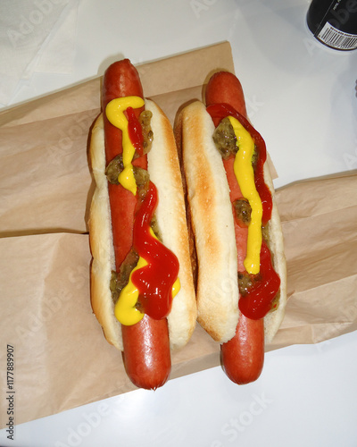 Two Hotdogs with Condiments