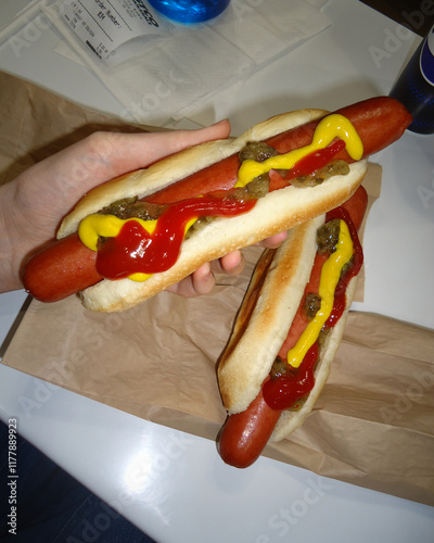 Two Hotdogs with Condiments photo