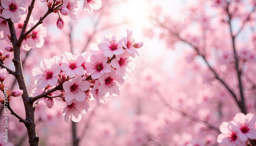 Cherry blossoms in full bloom with soft pink background
