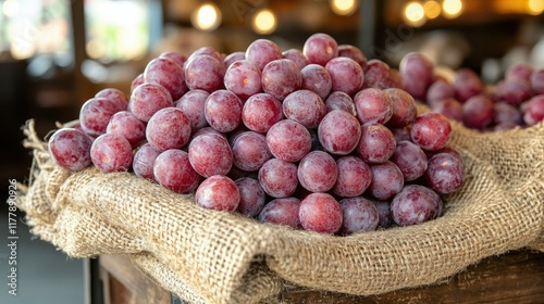 Red Grapes In A Burlap Sack Displayed Beautifully photo