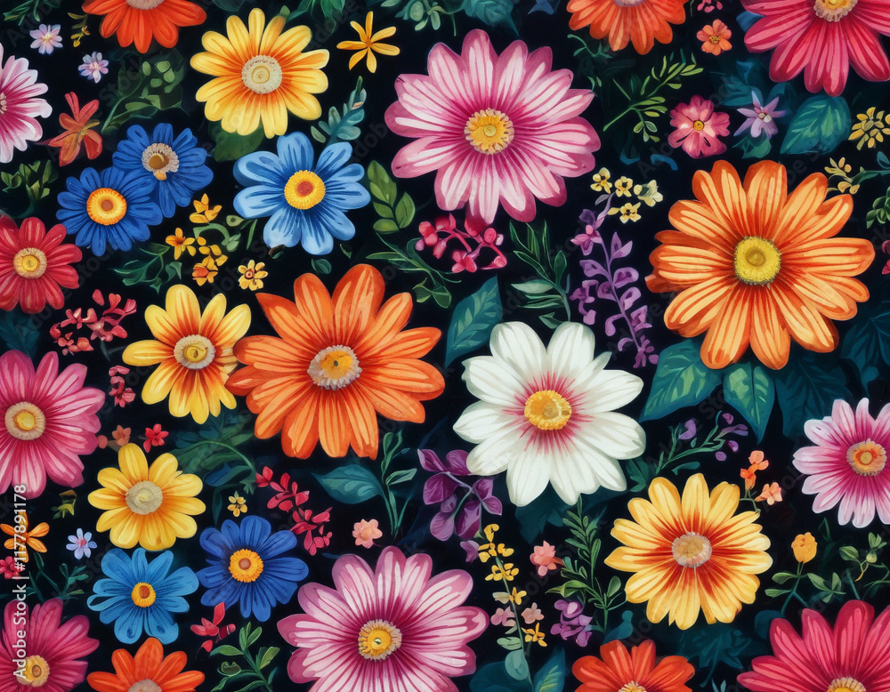 Fototapeta premium Bright floral print on a black background, a drawing of colored flowers, top view