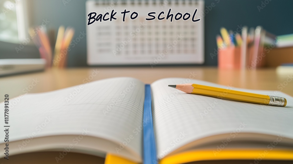 Open notebook with pencil on a desk and Back to school text, concept of learning and organization with copy space Open notebook with pencil on a desk and Back to school text, concept of learning and organization with copy space