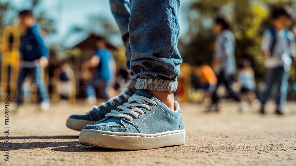 Close-up of sneakers and rolled jeans on a school playground with kids in the background, concept of activity and youth Close-up of sneakers and rolled jeans on a school playground with kids in the background, concept of activity and youth