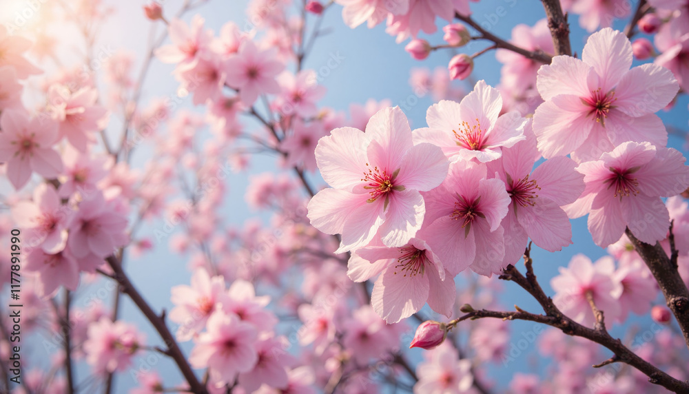 Cherry blossoms in full bloom against a blue sky
Cherry blossoms in full bloom against a blue sky