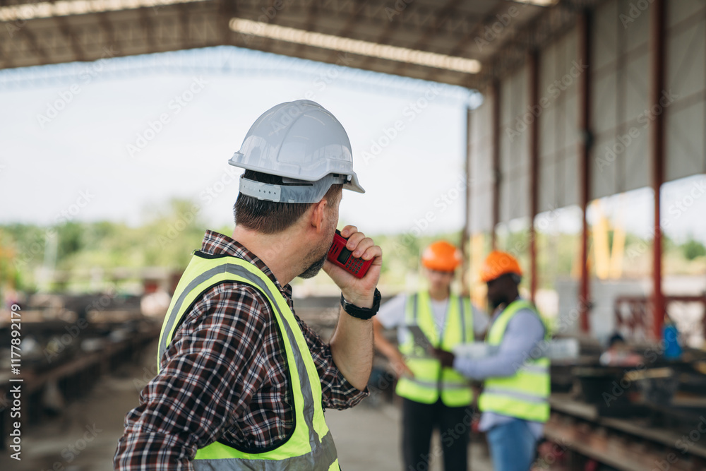 A man in a hard hat and safety vest is talking on a cell phone A man in a hard hat and safety vest is talking on a cell phone
