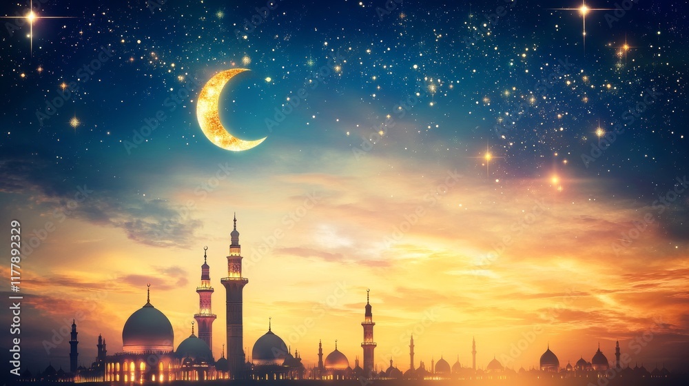 Naklejka premium Night Sky Ramadan Background with Crescent Moon and star on beautiful Dramatic Twilight sky with copy Space for edit text in Eid al Adha, Eid al fitr, Mubarak Holy month, Islamic New Year Festival