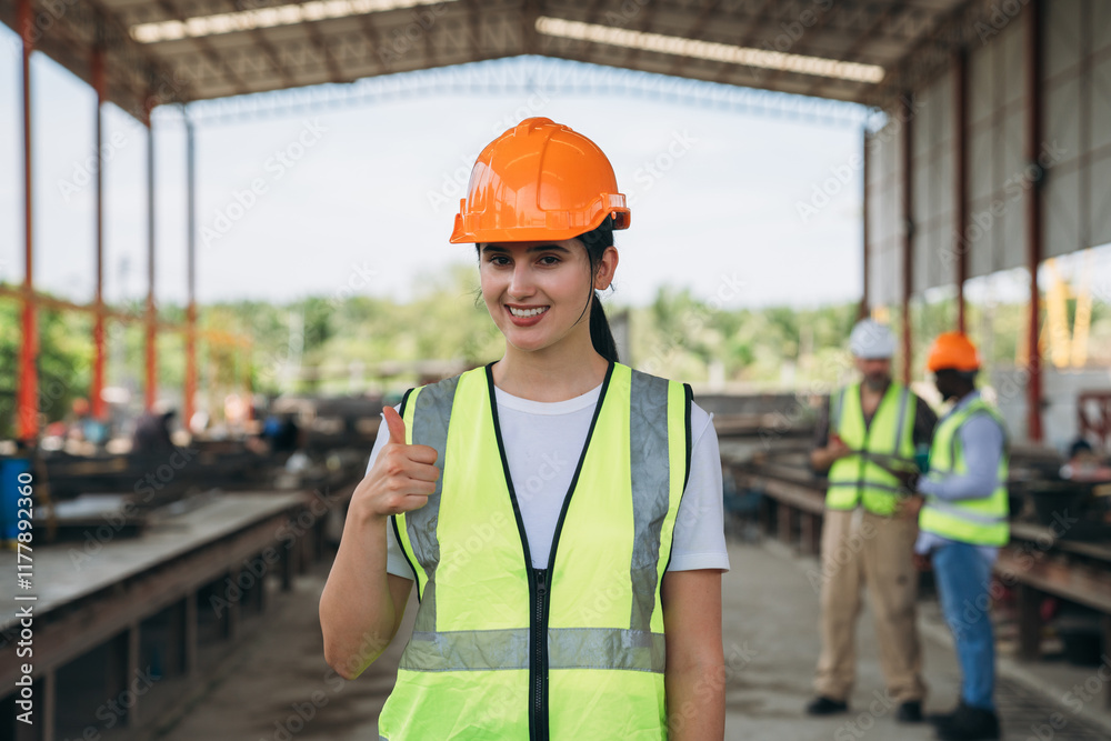A woman wearing a yellow vest and an orange hard hat is giving a thumbs up A woman wearing a yellow vest and an orange hard hat is giving a thumbs up