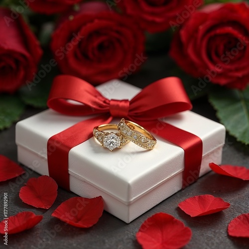 close up of two gold rings with diamonds on a white box, one has a large central diamond, the other a row of diamonds encircling the ring. Background with red roses photo