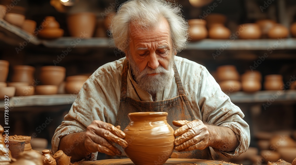 Elderly artisan shaping a clay pot on a spinning wheel in a rustic pottery workshop, surrounded by earthy tones and handcrafted ceramics, highlighting traditional craftsmanship Elderly artisan shaping a clay pot on a spinning wheel in a rustic pottery workshop, surrounded by earthy tones and handcrafted ceramics, highlighting traditional craftsmanship