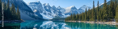 Serene mountain landscape reflecting in a tranquil lake surrounded by lush forests.