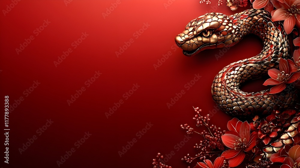 Obraz premium golden snake on red background close up of a gold white snake in red background for card celebration Lunar Festive Zodiac in Gold Linework