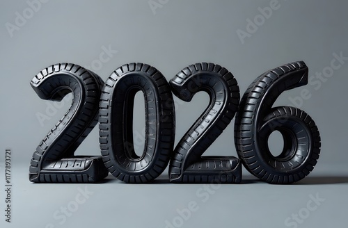 Numbers 2026 made from black car tires on a gray background