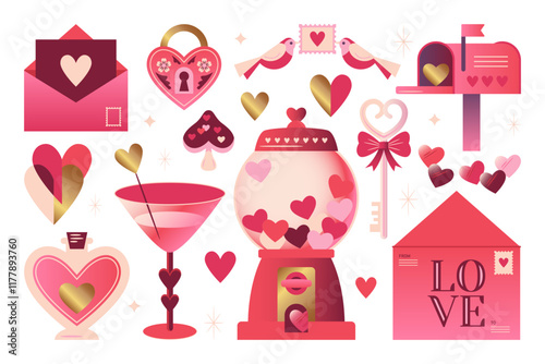 Valentine's day retro elements design set. Template for greeting cards, banner, social media, stickers and sale marketing