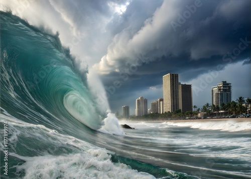 Dramatic Giant Wave Crashing Near Tropical Beach City with Stormy Skies