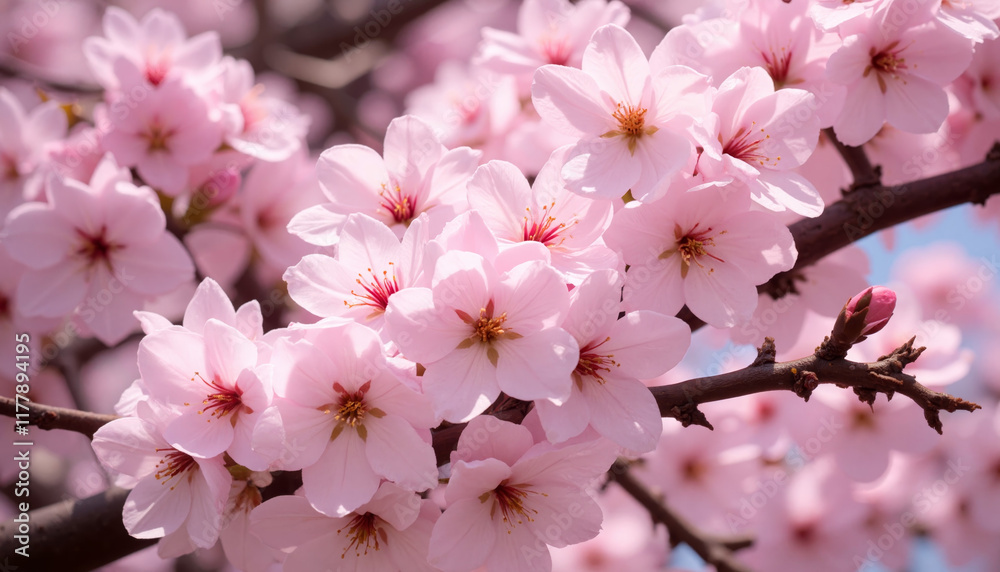 Cherry blossoms in full bloom on a tree branch against blue sky
Cherry blossoms in full bloom on a tree branch against blue sky