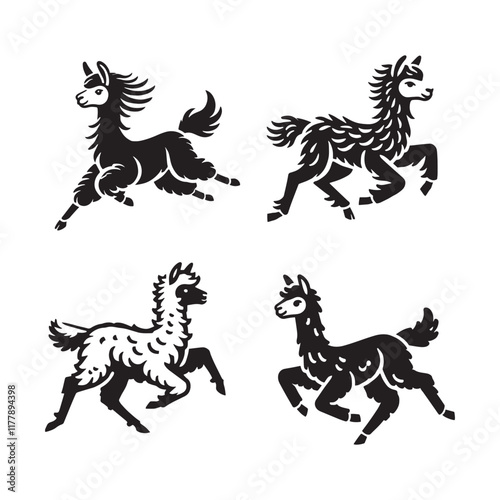 Running Alpaca Silhouette Vector Set - Black and White Animal Illustrations