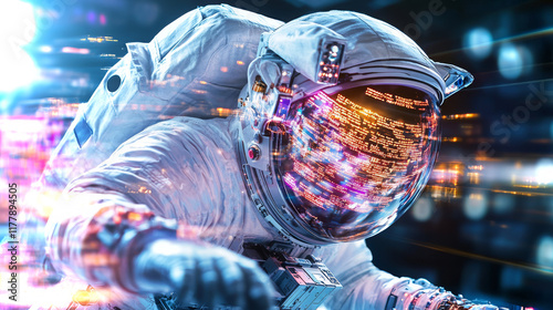 Astronaut engaged in decrypting vital log files in a futuristic space environment photo