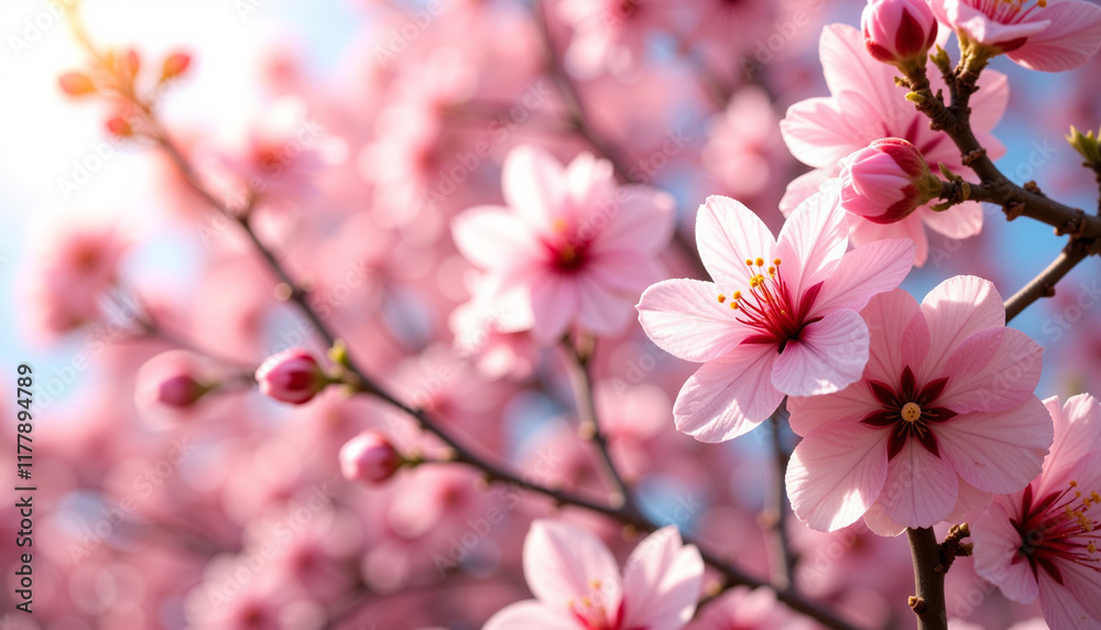 Cherry blossoms in full bloom with soft sunlight and blurred background
Cherry blossoms in full bloom with soft sunlight and blurred background