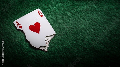 A torn ace of hearts lies on a dark green felt surface.  A dramatic image suggesting loss or broken dreams.