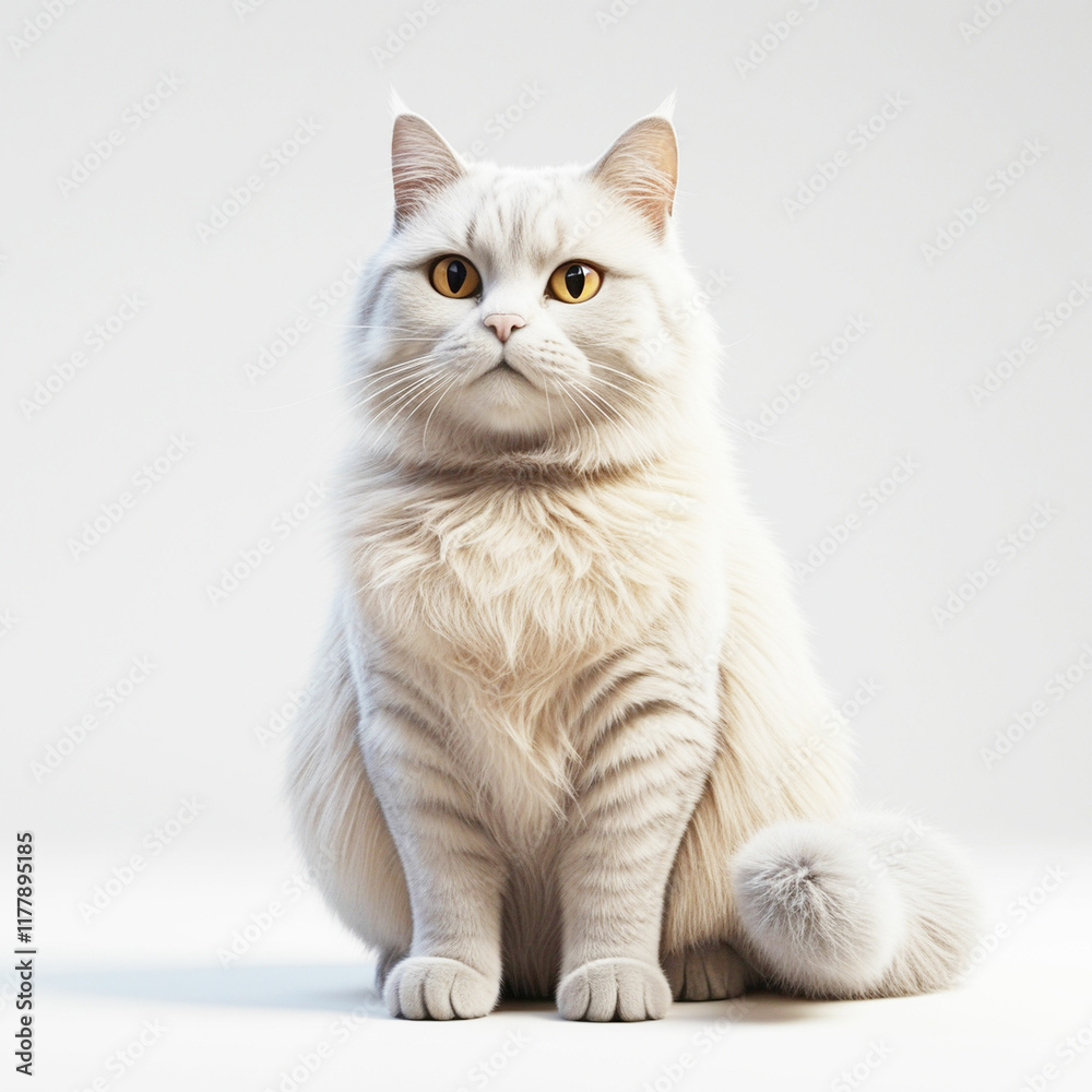Obraz premium Healthy pretty young adult tortie British Longhair cat, sitting up straight. Looking towards camera with attitude. Isolated cutout on a transparent background.
