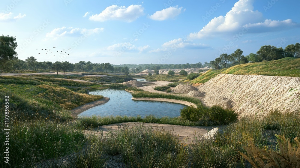 Obraz premium Serene landscape: water, hills, vegetation, sunny sky, birds.