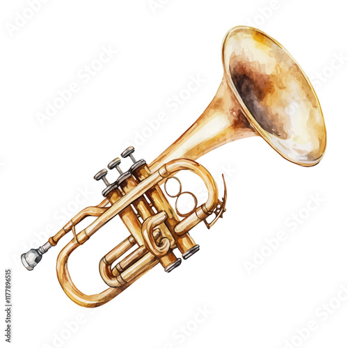 A watercolor painting of a trombone mouthpiece, isolated on a white background. Musical component vector.
