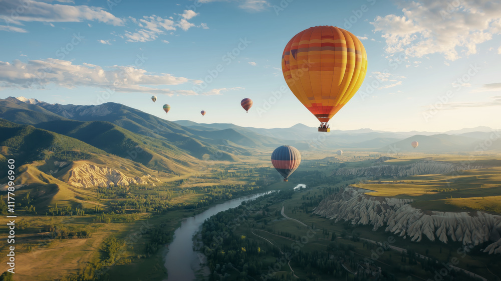 Fototapeta premium Breathtaking hot air balloon journey over scenic mountains and river