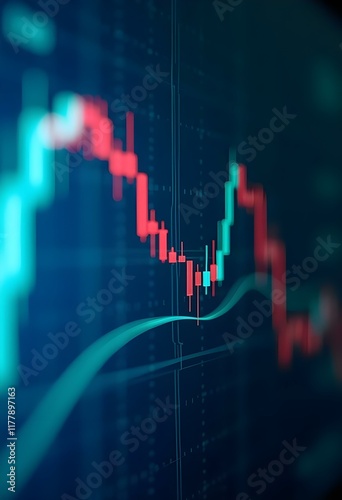 Stock market graph with red and green candlesticks on dark blue background. Financial chart showing price fluctuations. Trading and investment concept for business analysis