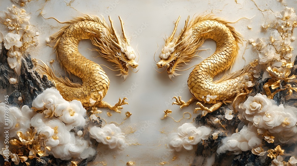 Fototapeta premium Golden dragon sculptures, symbols of ancient Chinese culture, adorn beach sand and stones