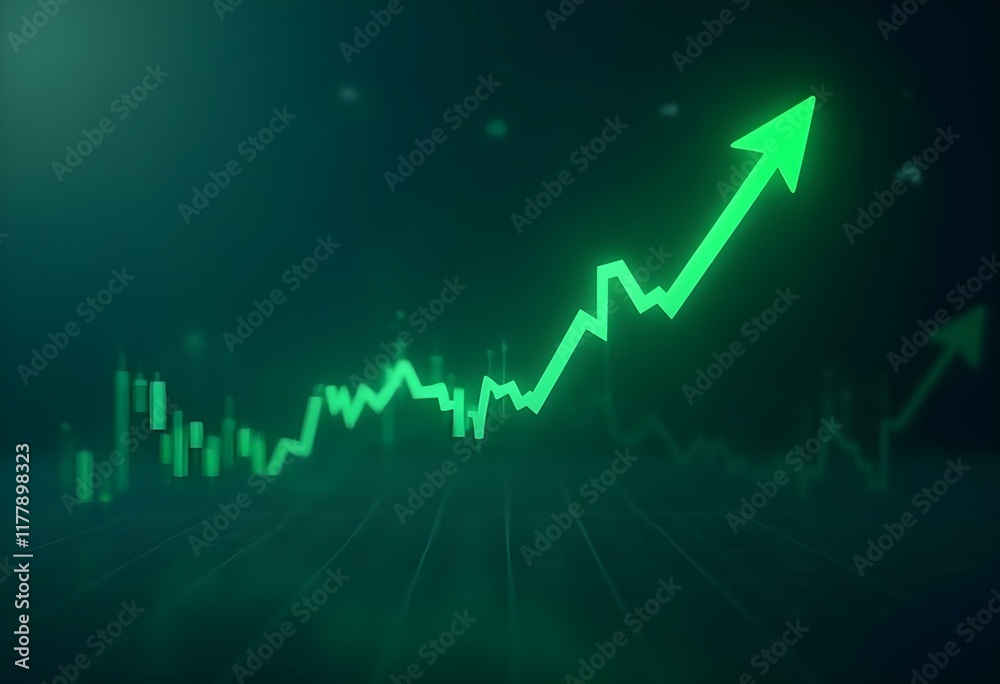 Green upward trending arrow on stock market chart. Financial growth concept. Business success and profit increase visualization on dark background