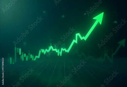 Obraz na płótnie Green upward trending arrow on stock market chart. Financial growth concept. Business success and profit increase visualization on dark background w salonie