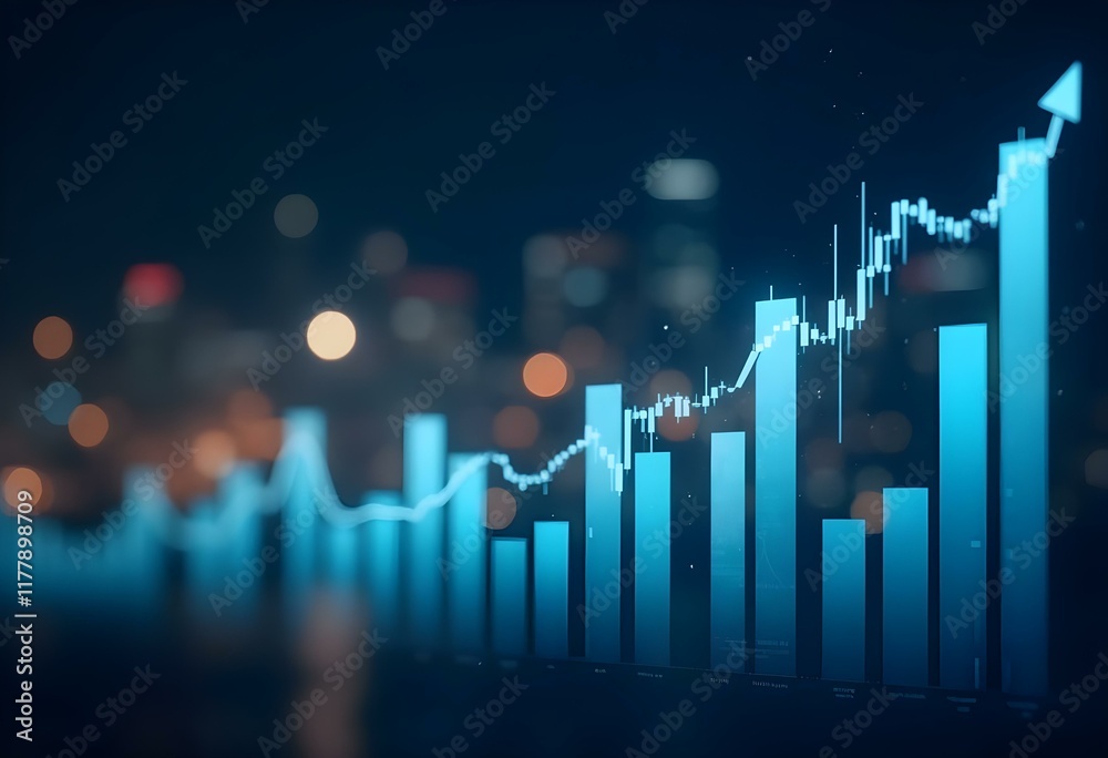 Blue stock market chart showing upward trend. Financial graph with rising arrow on dark background. Business growth concept for investment analysis and economic forecast