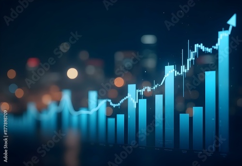 Blue stock market chart showing upward trend. Financial graph with rising arrow on dark background. Business growth concept for investment analysis and economic forecast photo