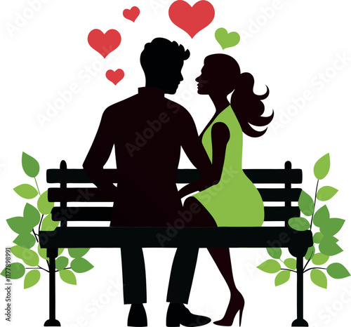 Couple in love sitting on a bench vector silhouette illustration