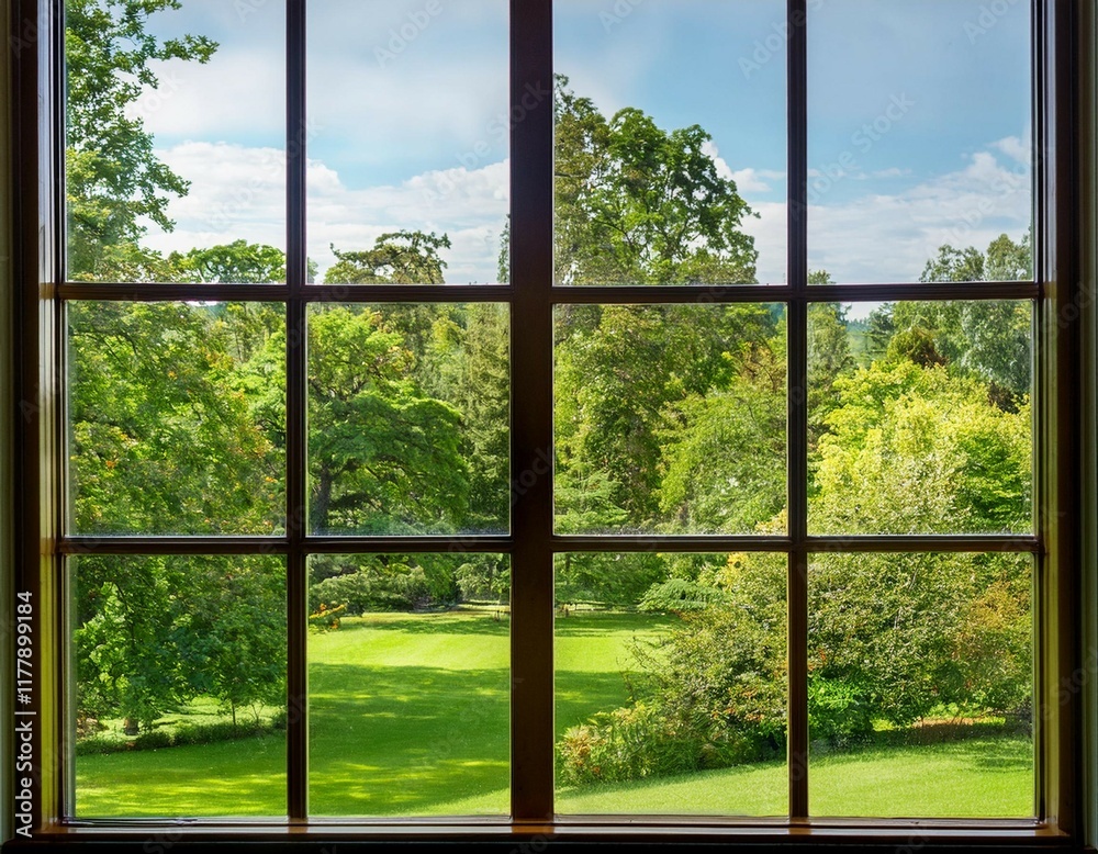 large window with soft focus view of trees and garden large window with soft focus view of trees and garden
