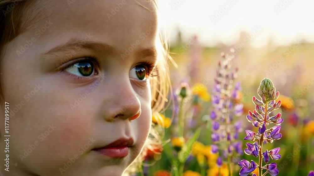 Child's curious gaze amidst colorful wildflowers in golden hour Child's curious gaze amidst colorful wildflowers in golden hour