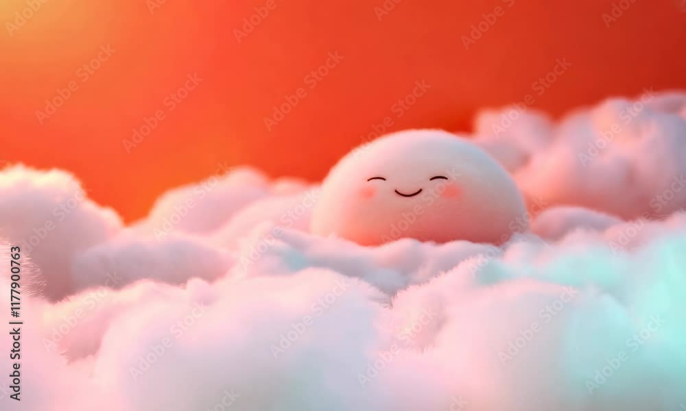 Smiling character emerges from fluffy clouds in colorful sunset background