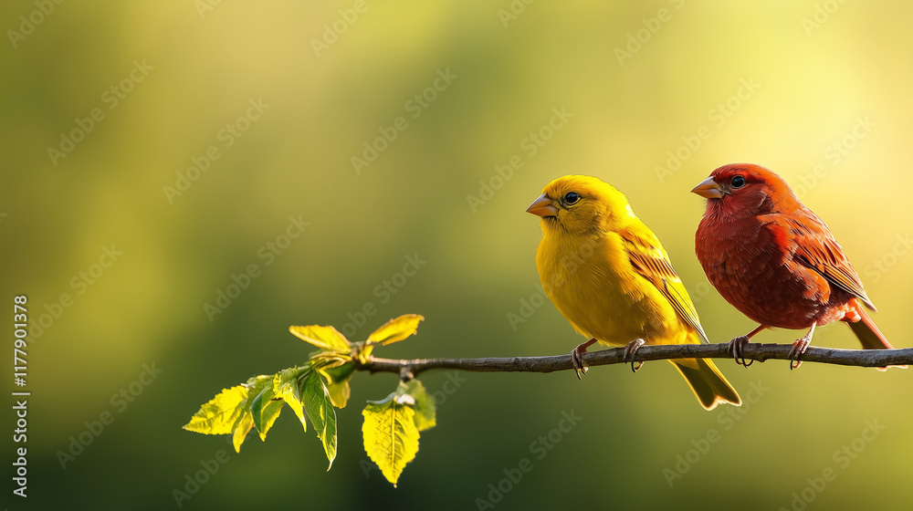 Obraz premium Colorful Birds on Branch with Soft Greenery Background