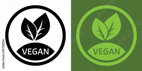 Round green vegan icon for stickers, labels and logos Vegan, meat free, lactose free, healthy, fresh food. Green Leaves Icon.