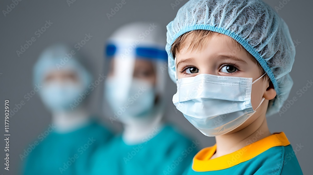 A young child in surgical attire, mask, and cap, with blurred colleagues in the background. A young child in surgical attire, mask, and cap, with blurred colleagues in the background.